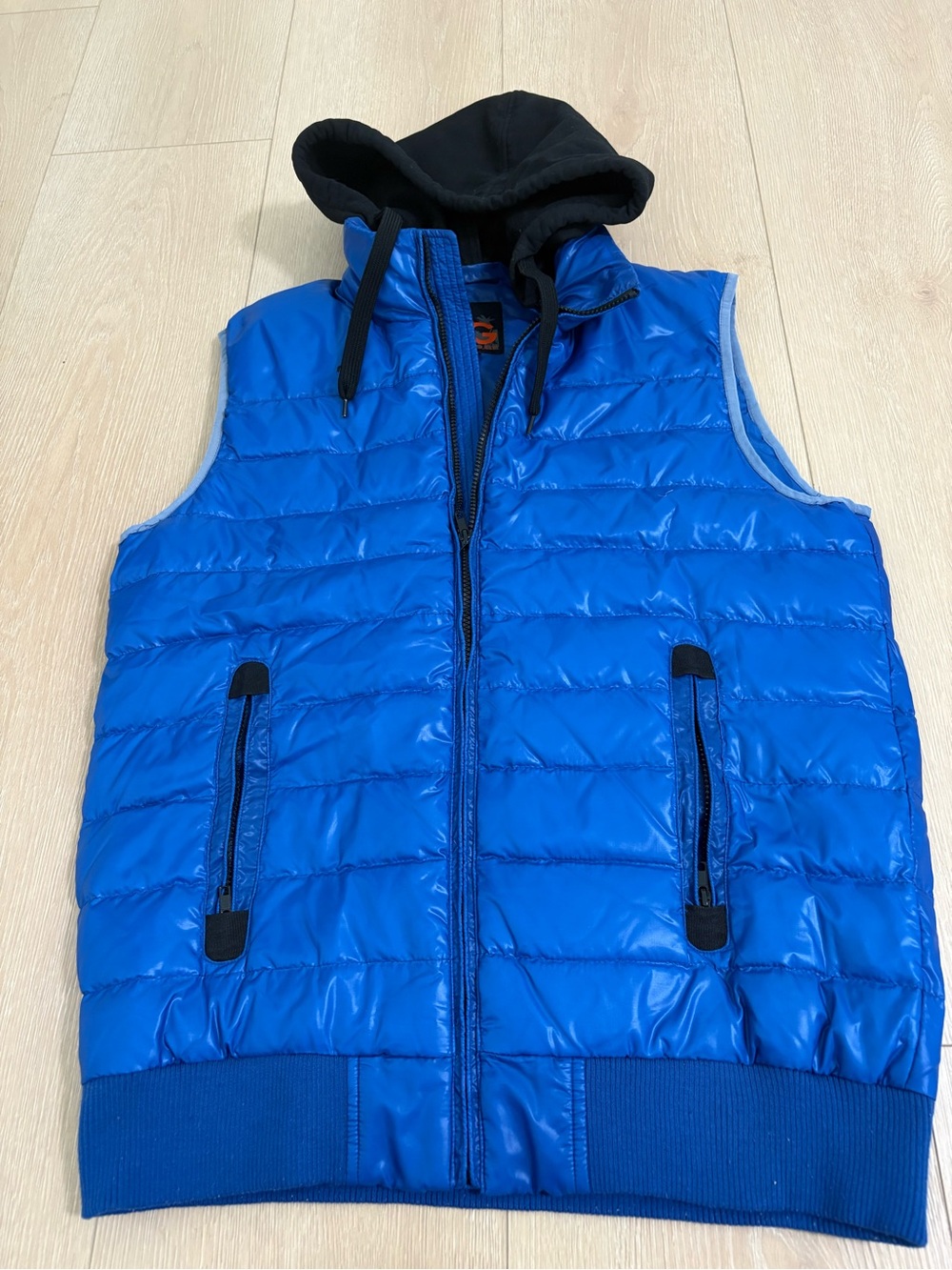 G by Guess Royal Blue Quilted Hooded Puffer Vest with Black Hood